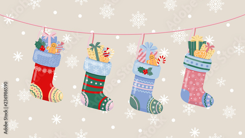 Christmas background - Christmas socks and gifts with snowflakes for web and ads