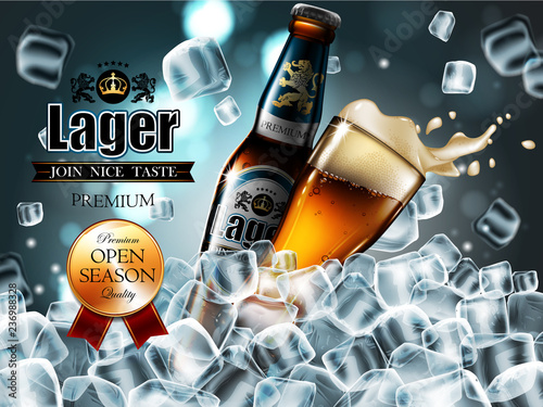 Design of advertising beer with  bottle and glass in ice cubes. . Highly realistic illustration with the effect of transparency.