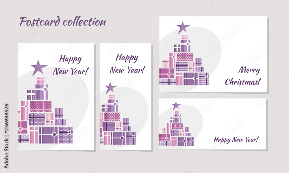 Christmas postcards and banners with pink and violet gifts and stars Christmas tree silhouette White and grey background