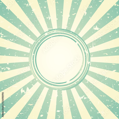 Sunlight retro faded wide background with shabby round frame for text. blue and green color burst background.