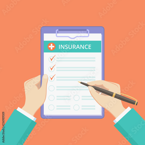 Health insurance policy on clipboard with hands vector illustration. Healthcare protect plan concept with insurance survey on clipboard, flat man hands filling health policy on red background