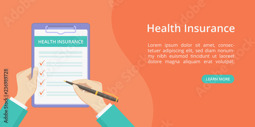 Health insurance policy on clipboard with hands landing page concept. Online service for medical insurance quotes red web page with flat doctor hands, filing health policy checklist form on clipboard