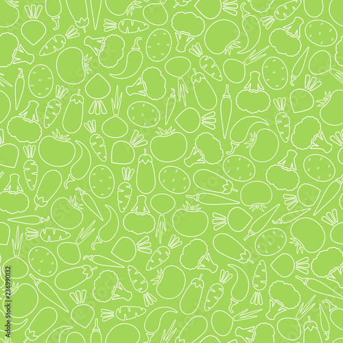 Seamless silhouette vegetable pattern vector flat illustration. Modern seamless texture pattern design with harvest contour vegetable in white  green color for healthy diet decor or vintage wallpaper