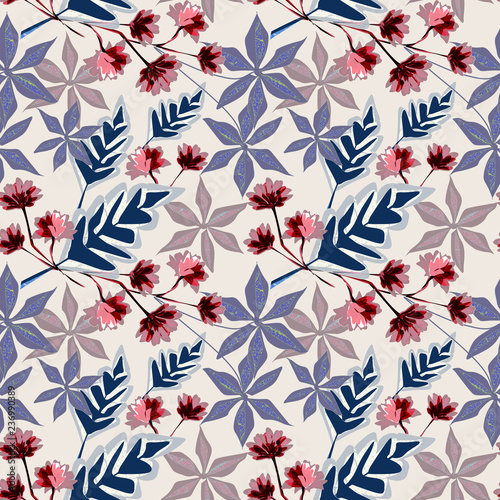 Fototapeta Naklejka Na Ścianę i Meble -  Seamless retro floral pattern .Pink flowers, blue leaves on a light background.