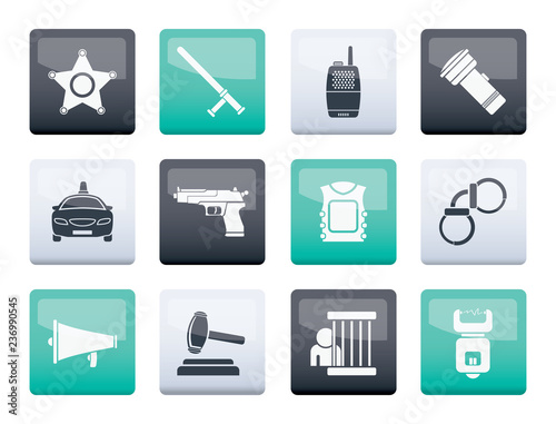 law, order, police and crime icons over color background - vector icon set 