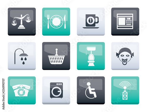 Roadside, hotel and motel services icons over color background  - vector icon set