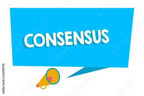 Word writing text Consensus. Business concept for general agreement about particular subject event or action Blank Rectangular Speech Bubble with Tail pointing to Megaphone Announcing