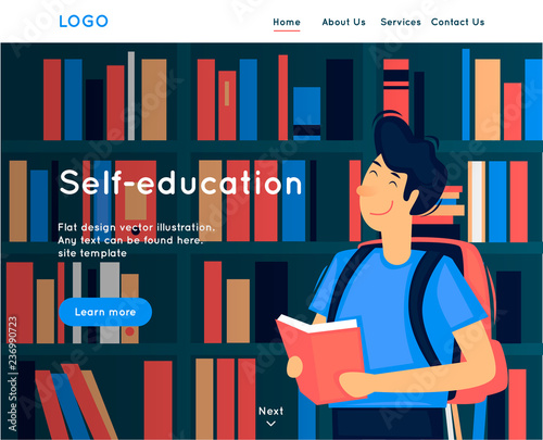 Site template, Self-education, reading, library. Web page design. Website and mobile development. Flat vector illustration in cartoon style.