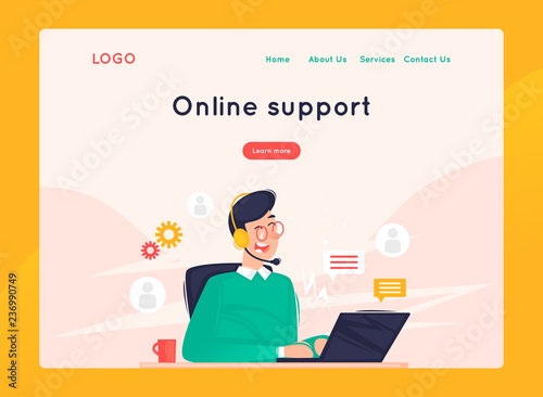 Site template, Online support, 24 hours, man answers questions. Web page design. Website and mobile development. Flat vector illustration in cartoon style.