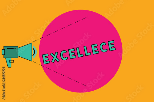 Text sign showing Excellece. Conceptual photo quality of being outstanding or extremely good Five stars Megaphone with Pitch Power Level Volume Sound Icon and Blank Circle photo