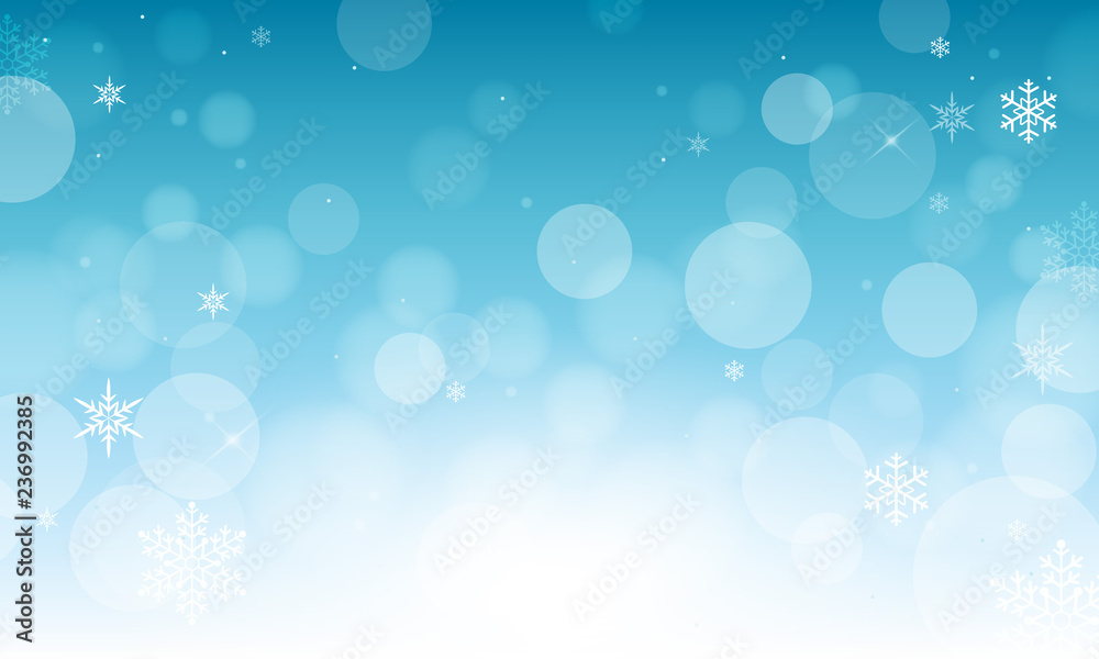 Christmas Winter Background vector illustration. Abstract bokeh with snowflakes on blue background.