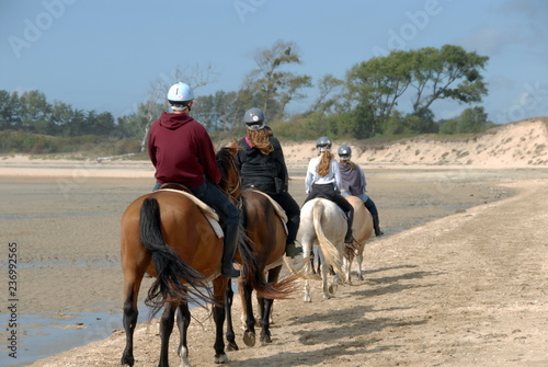 Groupe de cavaliers de dos dans la baie du Mont Saint-Michel, département de la Manche, Normandie, France 