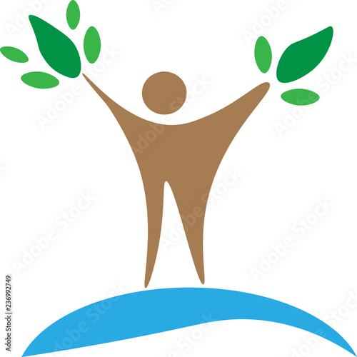 human and tree vector logo. Green planet. Environment natural products idea. Men, three persons, leaves.