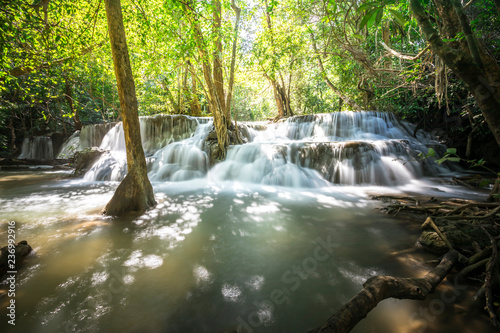 Beautiful of Huai Mae Khamin waterfall at Kanchanaburi  Thailand  with tree forest background. Waterfall Floor 7  Romkaev 