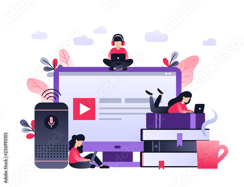 Smart speaker, student with laptop sitting on books. Artificial intelligence, virtual assistant, distance education concept. Ultraviolet illustration with small people on the desktop.