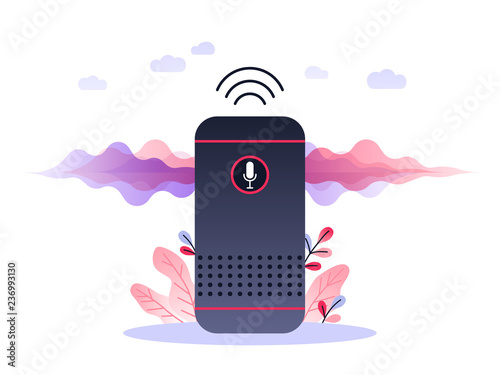 Voice controlled smart speaker or voice assistant. Voice activated digital assistants, home automation hub, internet of things concept, violet palette. Vector concept illustration.