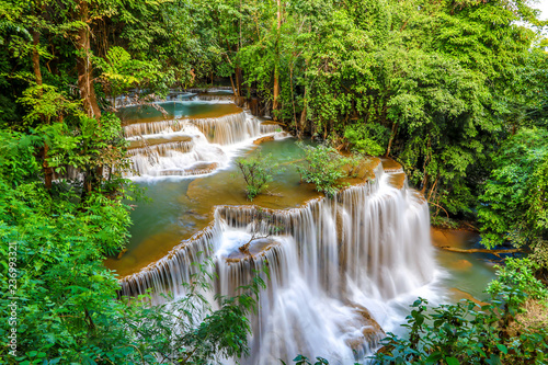 Beautiful of Huai Mae Khamin waterfall at Kanchanaburi, Thailand  with tree forest background. Waterfall Floor 4 