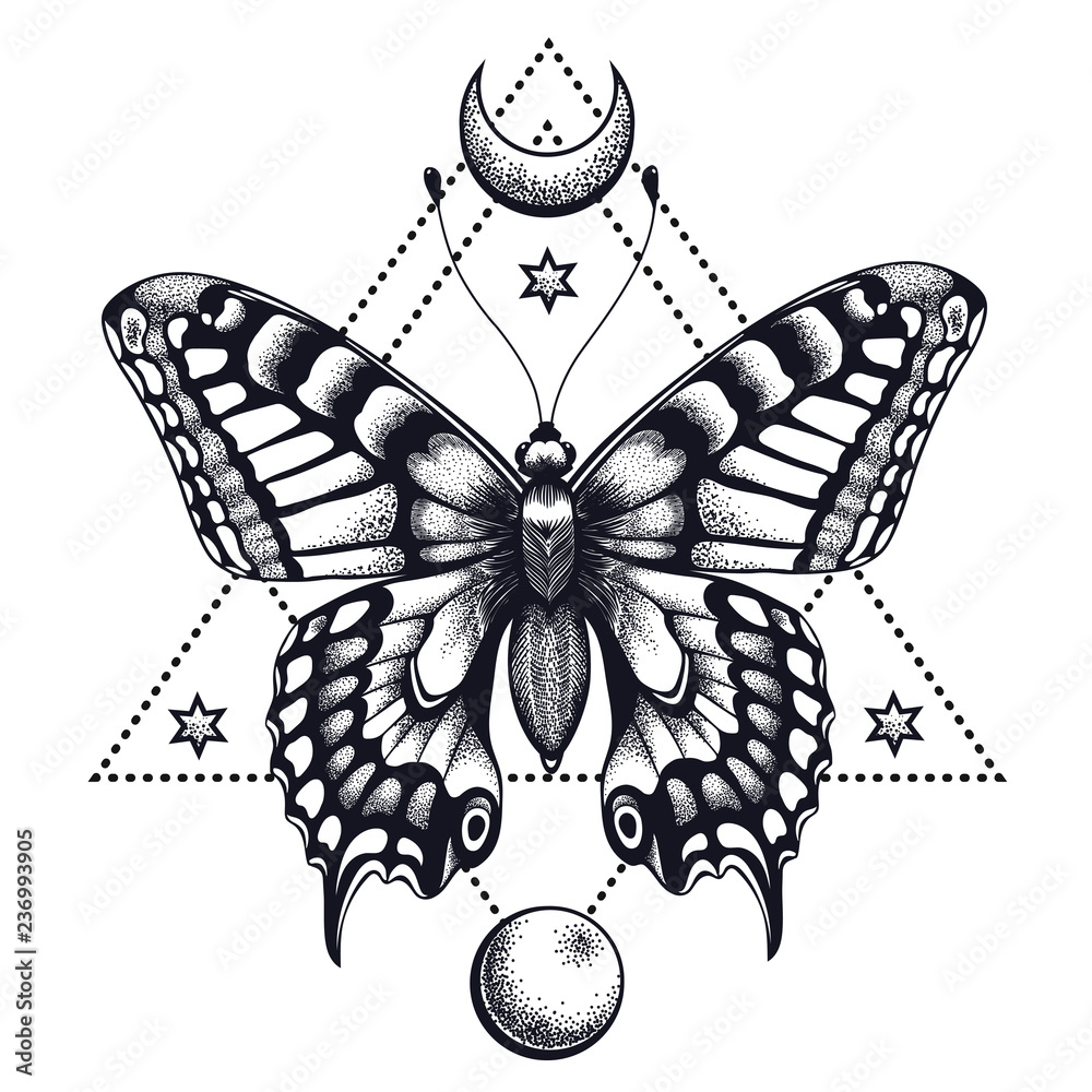 Butterfly in triangle, half moon and moon. Tattoo Design. Mystical symbol of soul, immortality, rebirth and resurrection Stock Vector | Adobe Stock Butterfly in triangle, half moon and moon. Tattoo Design. Mystical symbol of soul, immortality, rebirth and resurrection Stock Vector | Adobe Stock