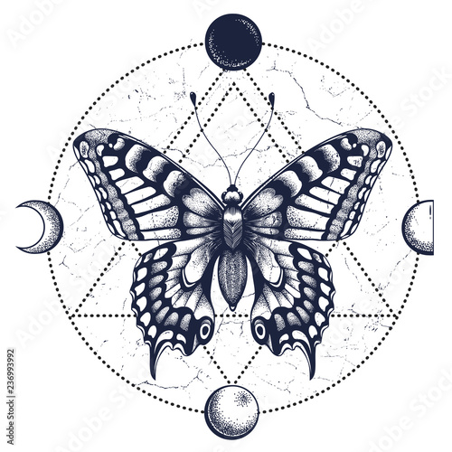 Butterfly,moon phases.Tattoo and T-shirt design.