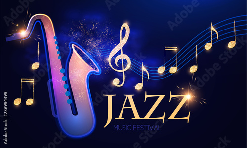 Jazz Concert. Music Design Element with Saxophone, Notes and Swirling Stave with Light Effects.