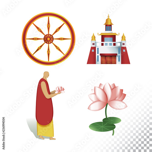 Vector flat icon illustration of symbolizing Buddhism. Colorful objects on a transparent background.