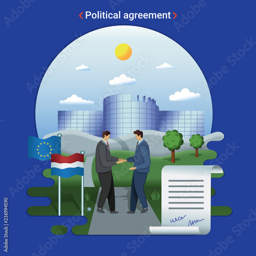 Flat city landscape illustration of political agreement in EU parlament. Two politicial men shake hands after signing an agreement near European Parliament building