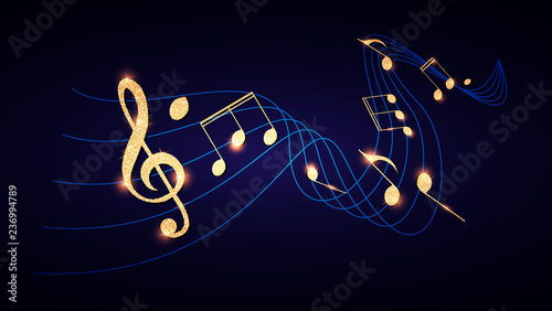 Music Notes and Treble Clef on Swirling tave. Elegant Gold Design Elemant.