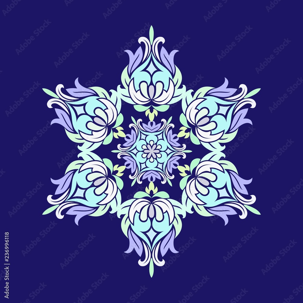 Flat design with abstract snowflakes isolated on blue background. Vector Snowflakes mandala.