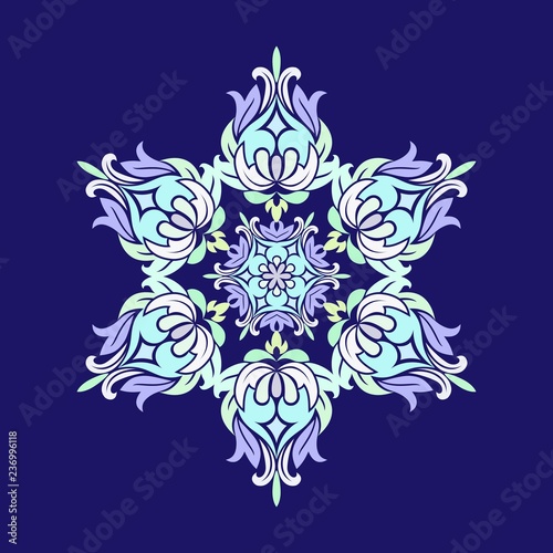 Flat design with abstract snowflakes isolated on blue background. Vector Snowflakes mandala.