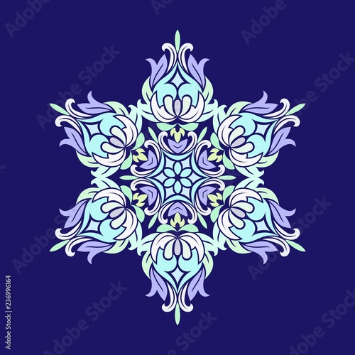Flat design with abstract snowflakes isolated on blue background. Vector Snowflakes mandala.