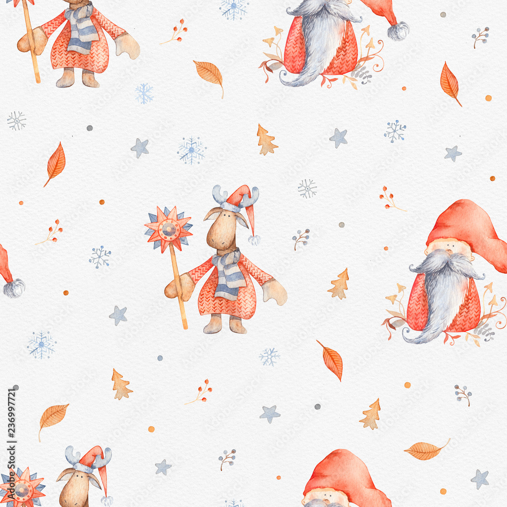 Fototapeta premium Christmas Seamless patternd with Cute cartoon character - Christmas moose and gnome