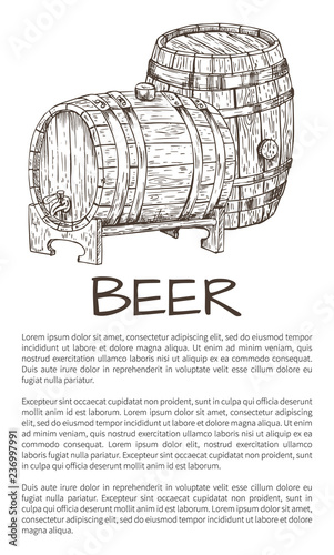 Wooden Beer Barrel Monochrome Sketch Style Poster