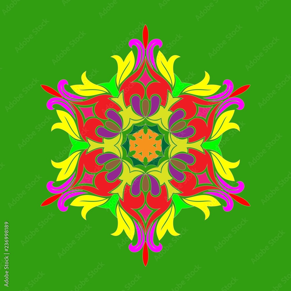 Flat design with abstract multicolored snowflakes isolated on green background. Vector Snowflakes mandala.