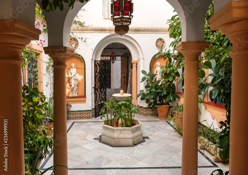 Traditional courtyard with columns  vintage sculptures and decor of Andalusia. Historical houses in Cordoba  Spain