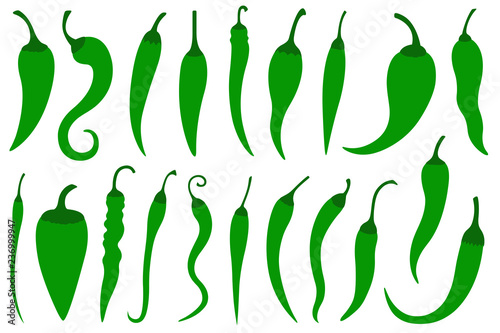 Set of different green hot chili peppers isolated on white