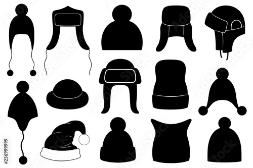 Set of different winter hats isolated on white