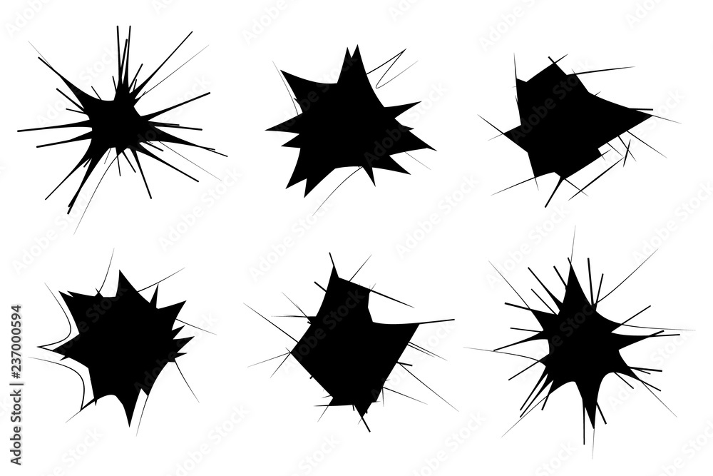 Broken glass effects boom crash silhouette set flat design element