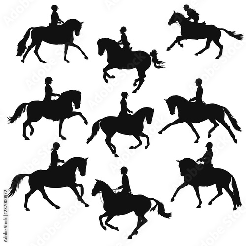 Equestrian. Black and white vector silhouettes of a riders and horses.