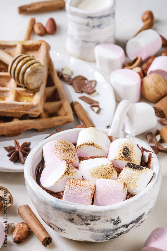 Ceramic cup of hot chocolate with marshmallow s'mores with homemade honey wafers and ingredients above over white marble table. Winter drink. Close up Ceramic cup of hot chocolate with marshmallow s'mores with homemade honey wafers and ingredients above over white marble table. Winter drink. Close up