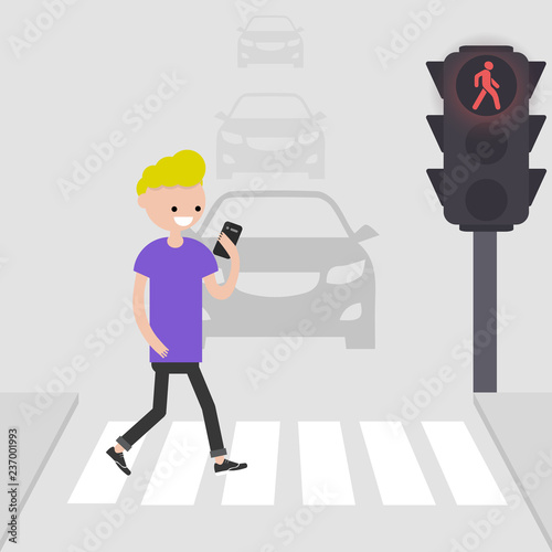 Young male character goes on a pedestrian crossing and looking into the phone.addicted to smartphone. Nomophobia. Flat vector illustration