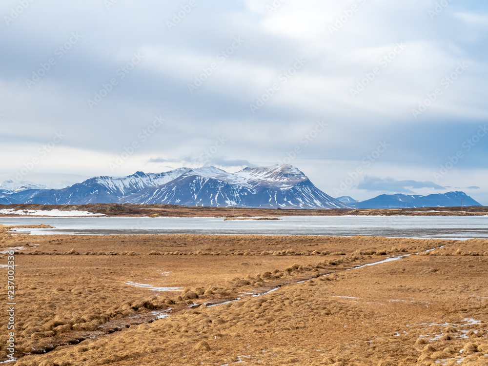 Field with snow in winter season, Iceland Field with snow in winter season, Iceland