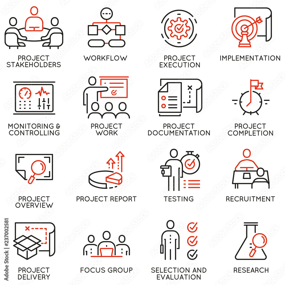 Vector set of linear icons related to project management. Mono line pictograms and infographics design elements - part 3