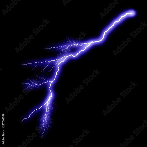  Isolated realistic violet electrical lightning strike visual effect on black night background. Energy change. 