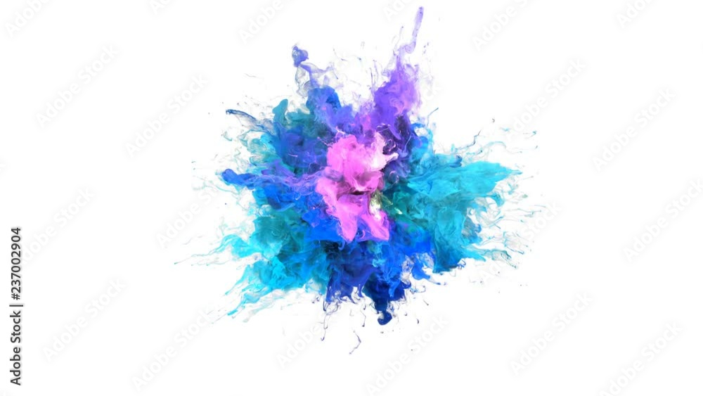 Color Burst - colorful pink blue cyan purple smoke explosion fluid gas ink particles slow motion alpha matte isolated on white wide shot