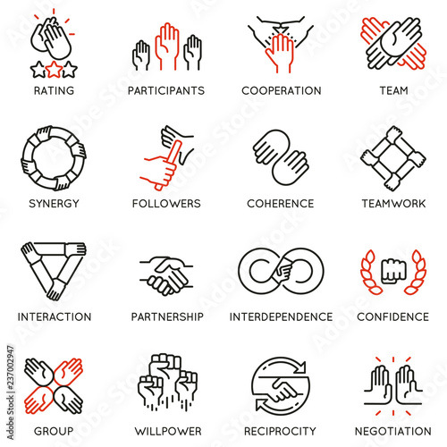 Vector set of linear icons related to relationship, team work and cooperation. Mono line pictograms and infographics design elements