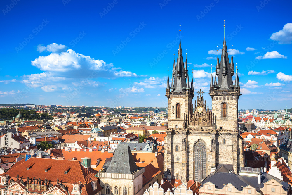 Aerial view of church of our lady before Tyn at Prague old town square opposite Prague astronomical clock or Prague orloj, famous landmark in old town of Prague, Czech Republic, Europe Aerial view of church of our lady before Tyn at Prague old town square opposite Prague astronomical clock or Prague orloj, famous landmark in old town of Prague, Czech Republic, Europe