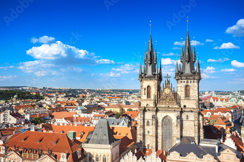 Aerial view of church of our lady before Tyn at Prague old town square opposite Prague astronomical clock or Prague orloj, famous landmark in old town of Prague, Czech Republic, Europe