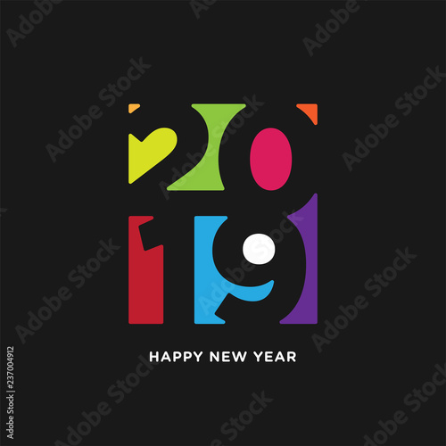 Happy New Year 2019 card in paper style. isolated colorful negative space on black background