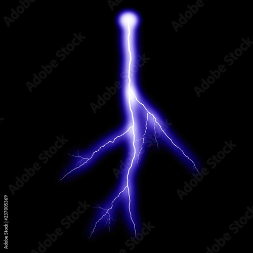  Isolated realistic violet electrical lightning strike visual effect on black night background. Energy change. 