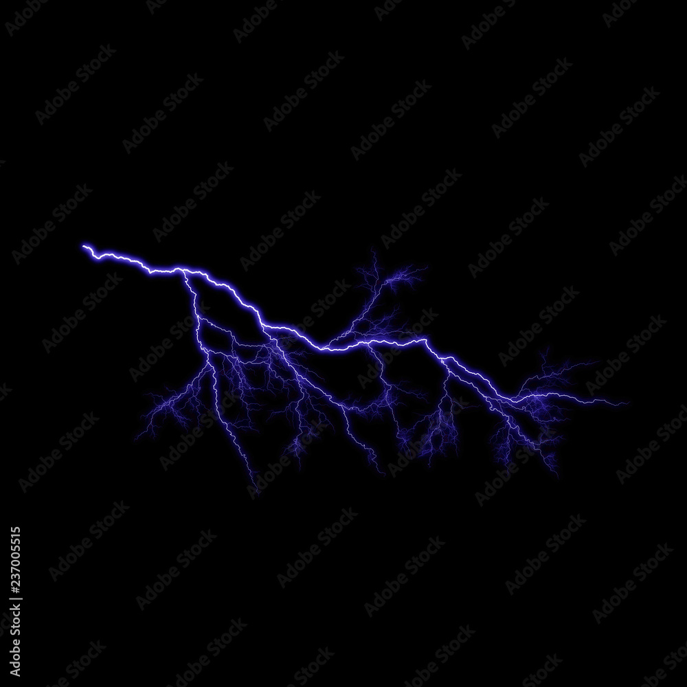  Isolated realistic violet electrical lightning strike visual effect on black night background. Energy change. 